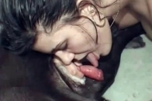 Sexy chick is sucking and licking a big dog dick